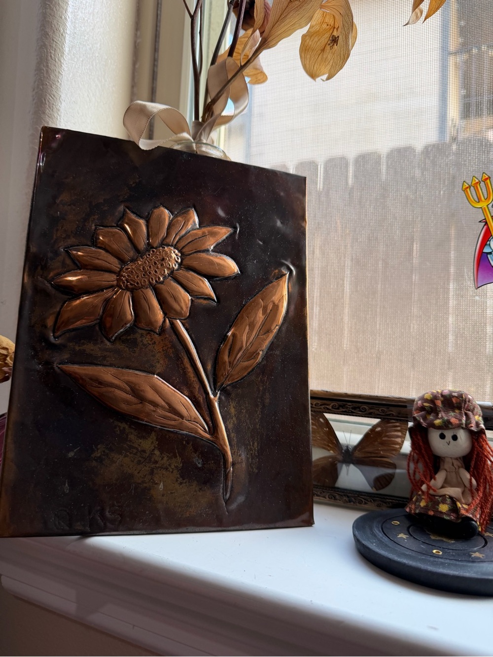 Vintage handmade signed bronze copper emboss 3D sunflower Art decor art